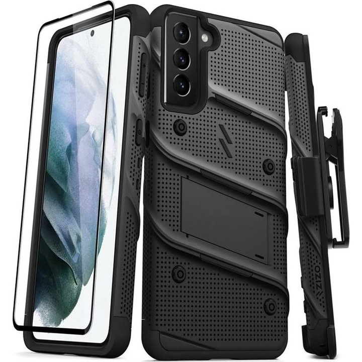 Калъф за телефон Zizo Bolt Cover с 9Н стъклен протектор, стойка и клипс за колан за Samsung Galaxy S21 Plus 5G, черен