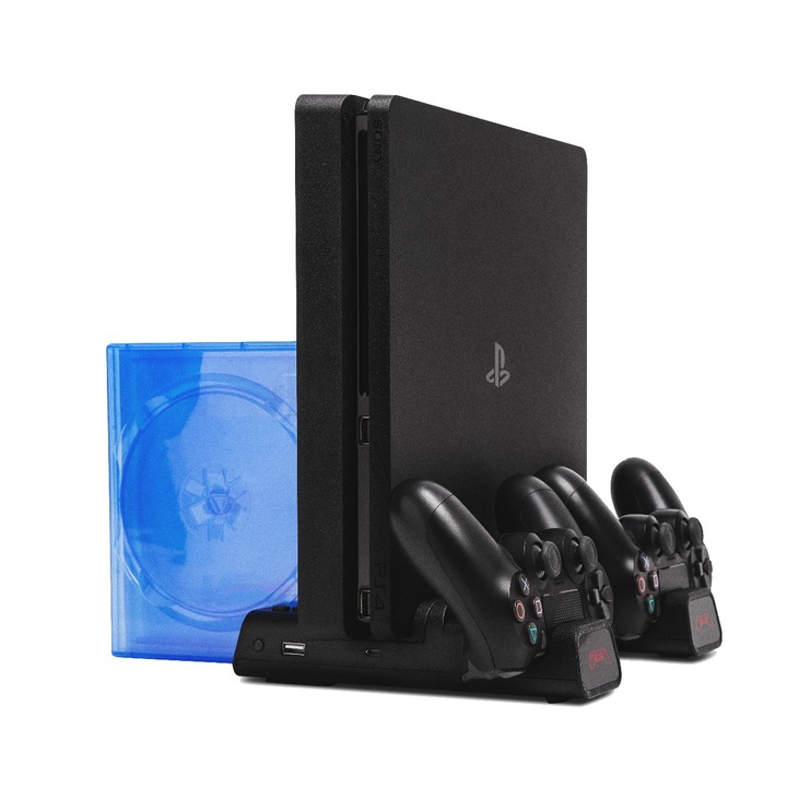 FroggieX FX-P4-C3-B PS4 fekete konzol hűtő + töltőállomás + lemez tartó