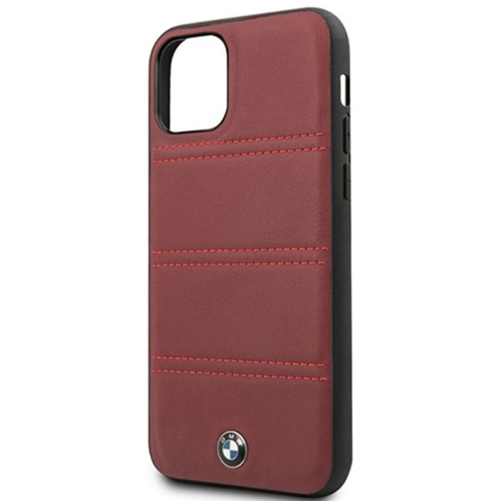 BMW iPhone 11 Pro vízszintesen csíkozott burgundi kemény bőrtok, Vörös