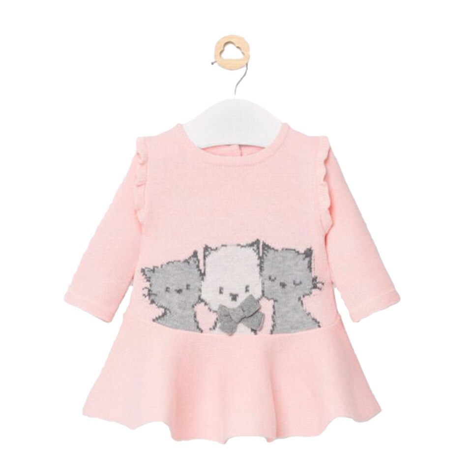 Rochie roz tricotata cu pisicute - 12 luni