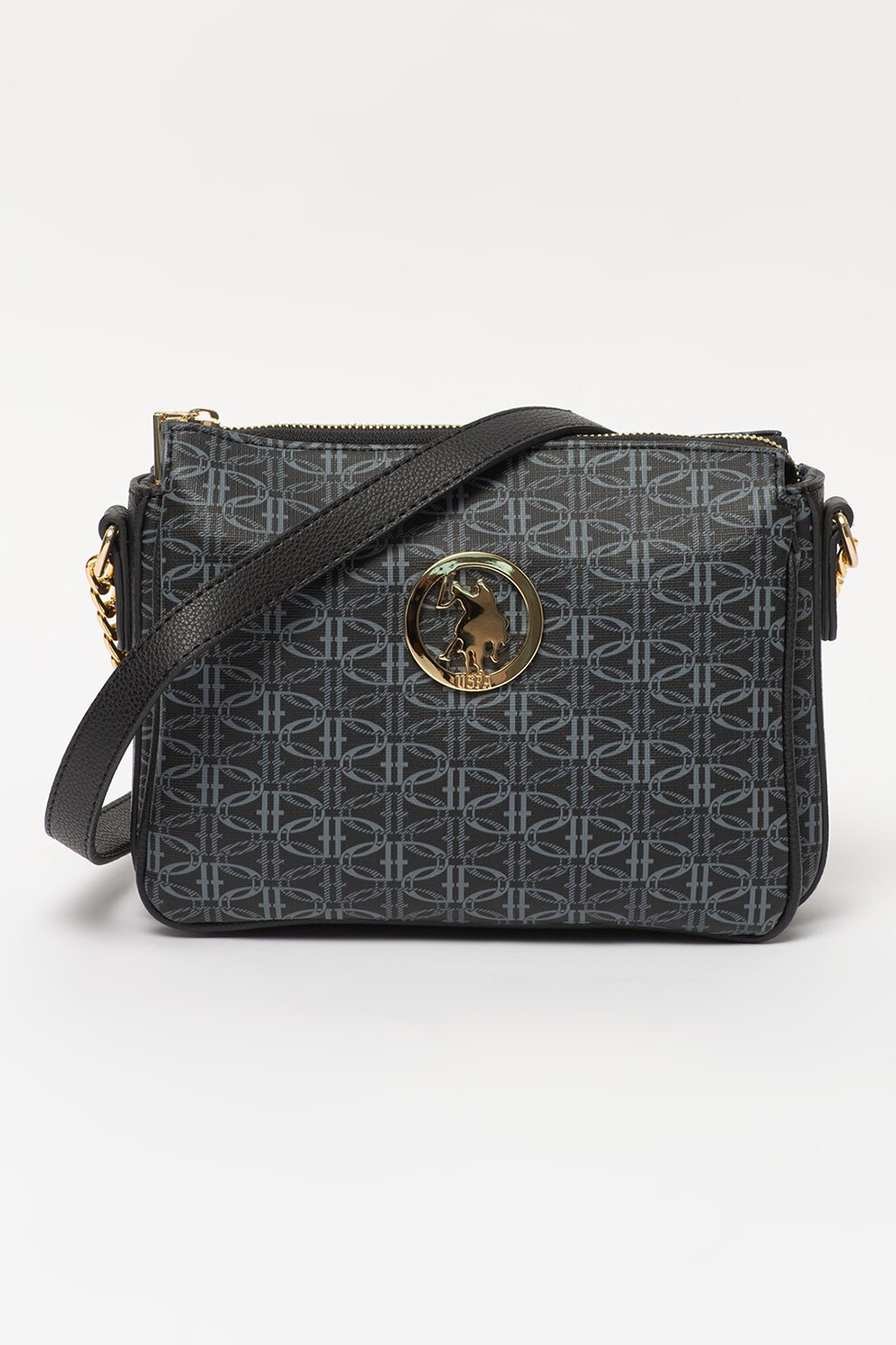U.S. Polo Assn., Geanta crossbody cu model monograma, Negru/Gri carbune