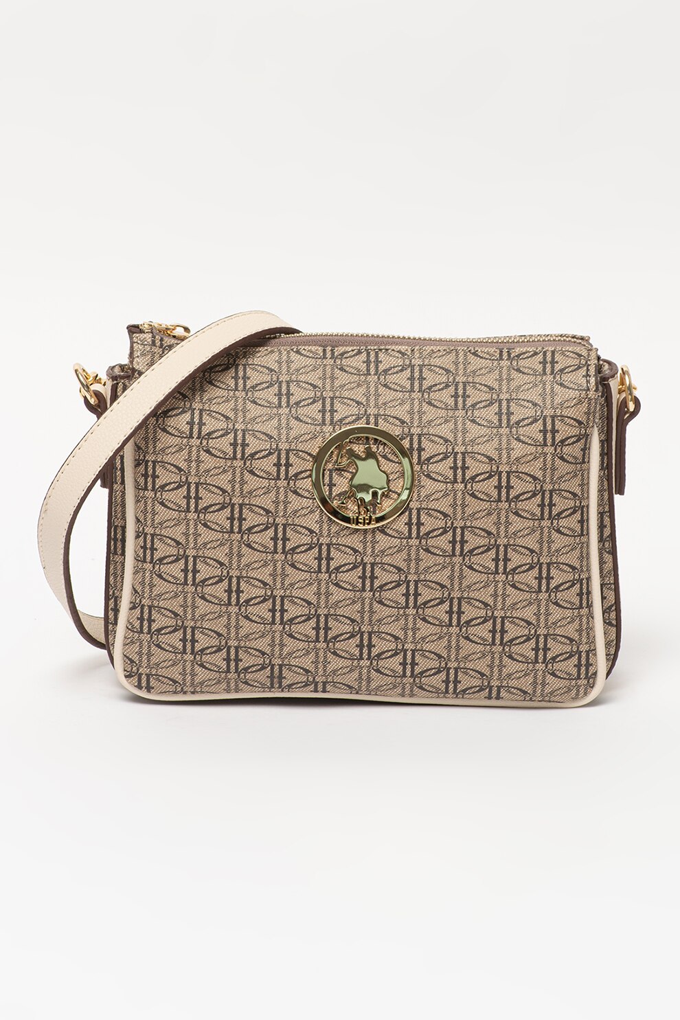 U.S. Polo Assn., Geanta crossbody cu model monograma, Maro taupe/bej/maro inchis
