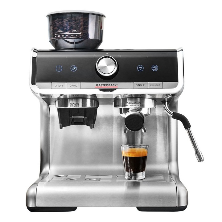 Espressor manual Gastroback 42616, 1550 W, 2.8 l, 15 bar, Rasnita de cafea incorporata, Dispozitiv de spumare, Inox/Negru