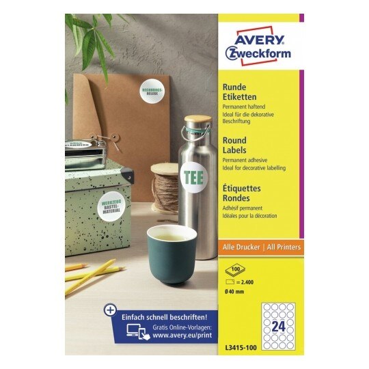 Etichete Avery Zweckform L3415-10, diametru Ø 40 mm , 24 etichete/A4, 10 coli/top, 240 etichete/ top, albe