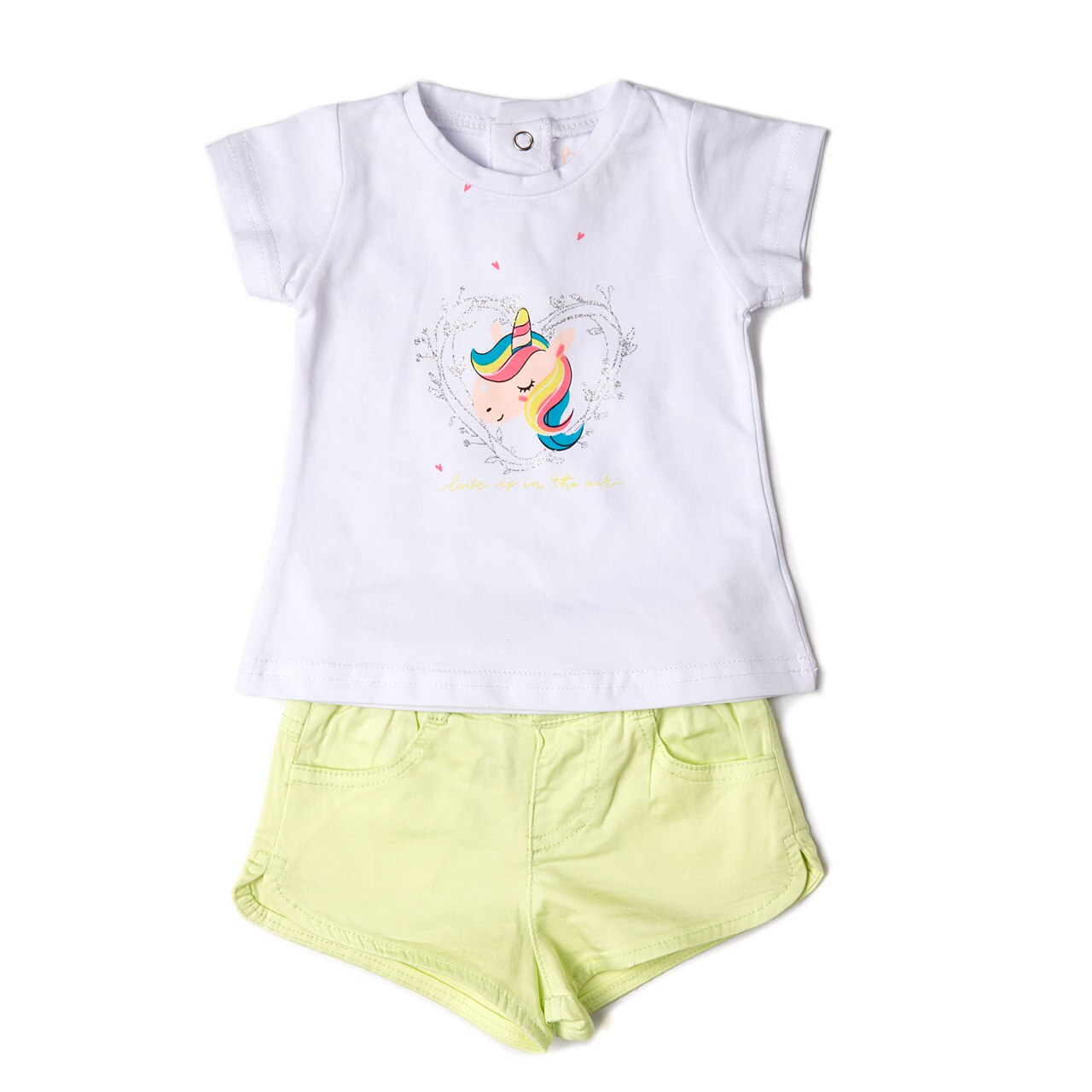 Set 2 piese Babybol fete, tricou cu pantalon scurt,imprimeu unicorn, bumbac, Alb/Lime
