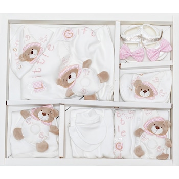 Set cadou AKU 10 piese pentru Bebelusi, Nou-Nascuti, Model cu Ursuleti, 0-3 luni, Bumbac 100%, culoare Alb/Roz AKU AK7419 Set cadou AKU 10 piese pentru Bebelusi, Nou-Nascuti, Model cu Ursuleti, 0-3 luni, Bumbac 100%, culoare Alb/Roz AKU AK7419