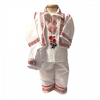 Costum traditional botez baietel, Rosu, 0 - 3 luni, Denikos® 673