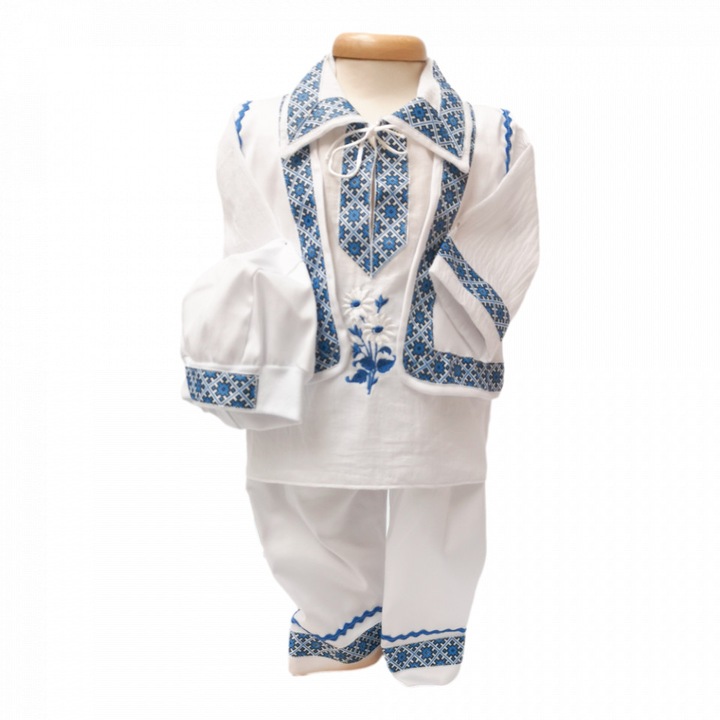 Costum popular botez bebe baietel, Albastru, 0 - 3 luni, Denikos® 672