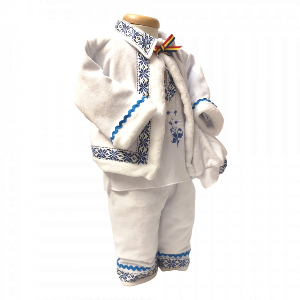 Costum popular botez baietel, broderie Bleu, 3 - 6 luni, Denikos® 675
