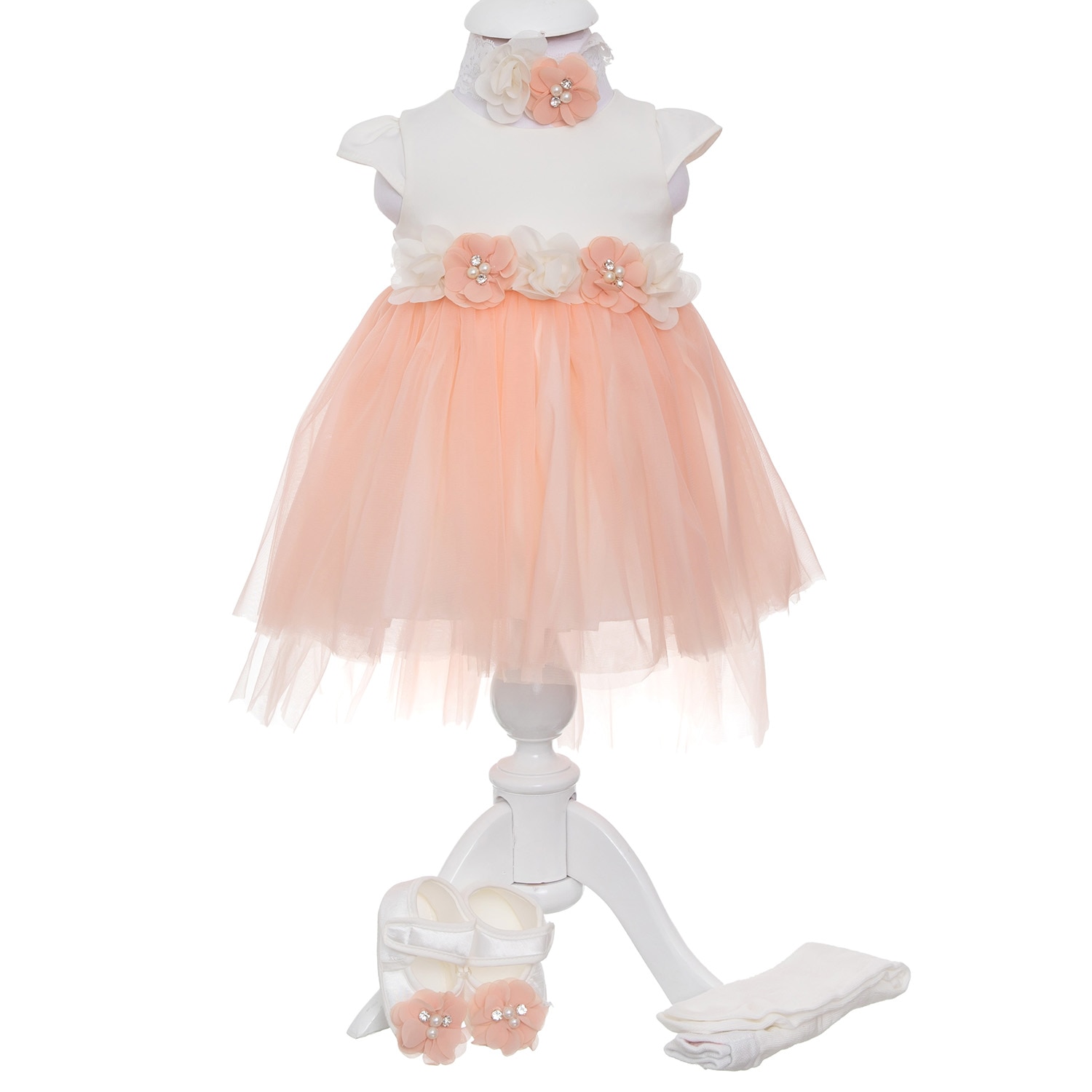Set Rochita Fairy Princess Eleganta AKU pentru Botez si Aniversari, din 5 piese, culoare Alb/Piersica, 3 - 6 luni, AK7417