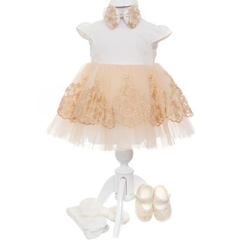 Set Rochita Fairy Princess Eleganta AKU pentru Botez si Aniversari, din 5 piese, culoare Alb/Maro, 0 - 3 luni, AK7403 Set Rochita Fairy Princess Eleganta AKU pentru Botez si Aniversari, din 5 piese, culoare Alb/Maro, 0 - 3 luni, AK7403