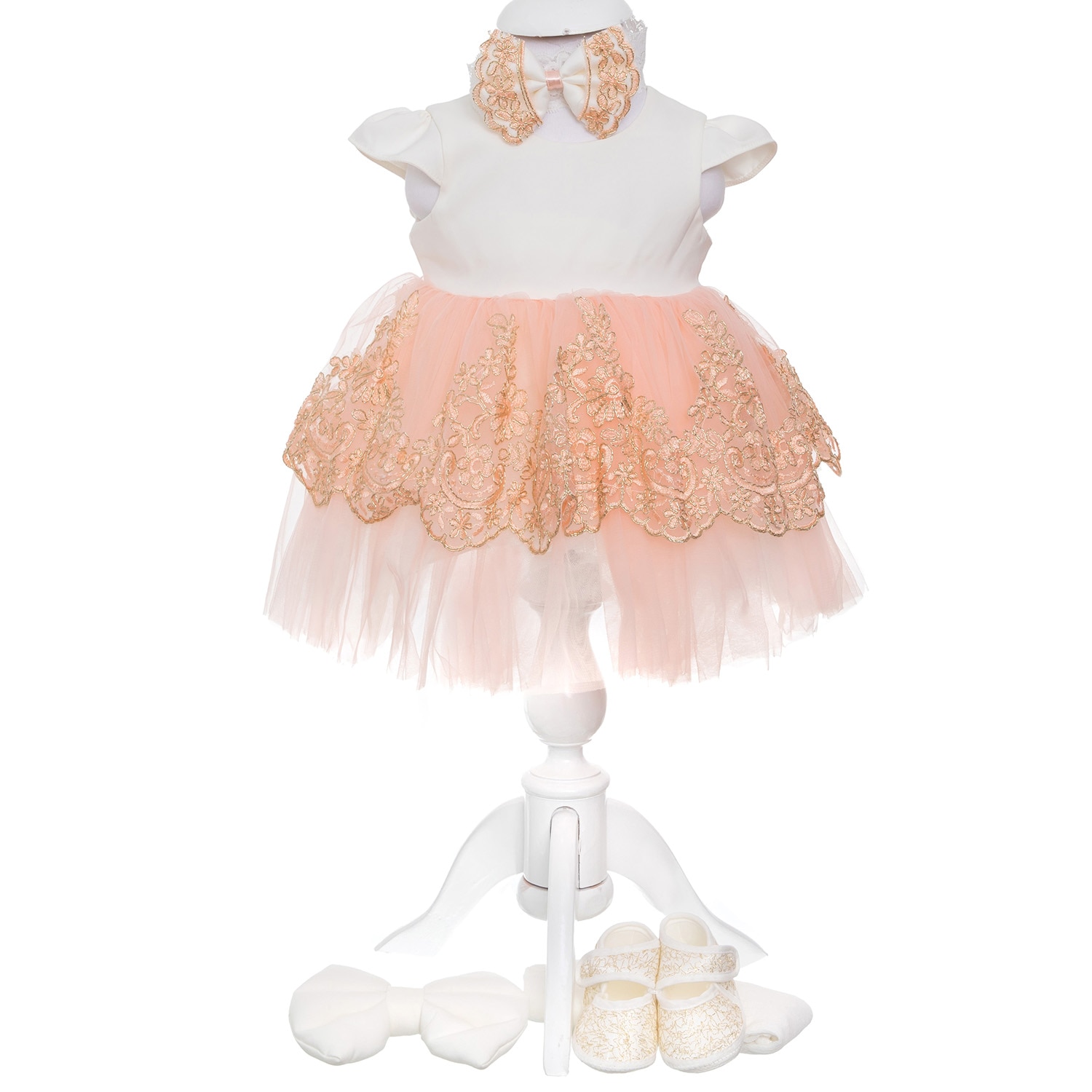 Set Rochita Fairy Princess Eleganta AKU pentru Botez si Aniversari, din 5 piese, culoare Alb/Piersica, 0 - 3 luni, AK7402