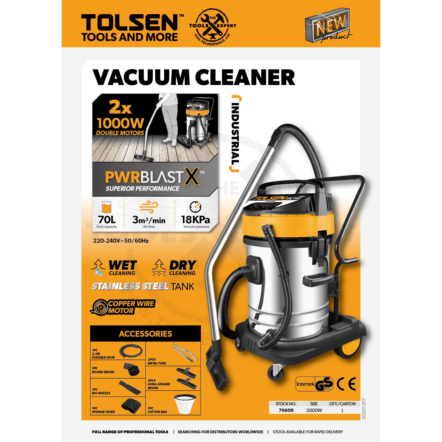 Aspirator industrial TOLSEN FX Force Xpress 2x1000W, 70L, Motor cupru, Otel inoxidabil, Umed si uscat, Presiune 18KPa, Debit 3m³/min, Furtun 2.5m, Tuburi metalice, Perii multiple, Filtru HEPA, CE