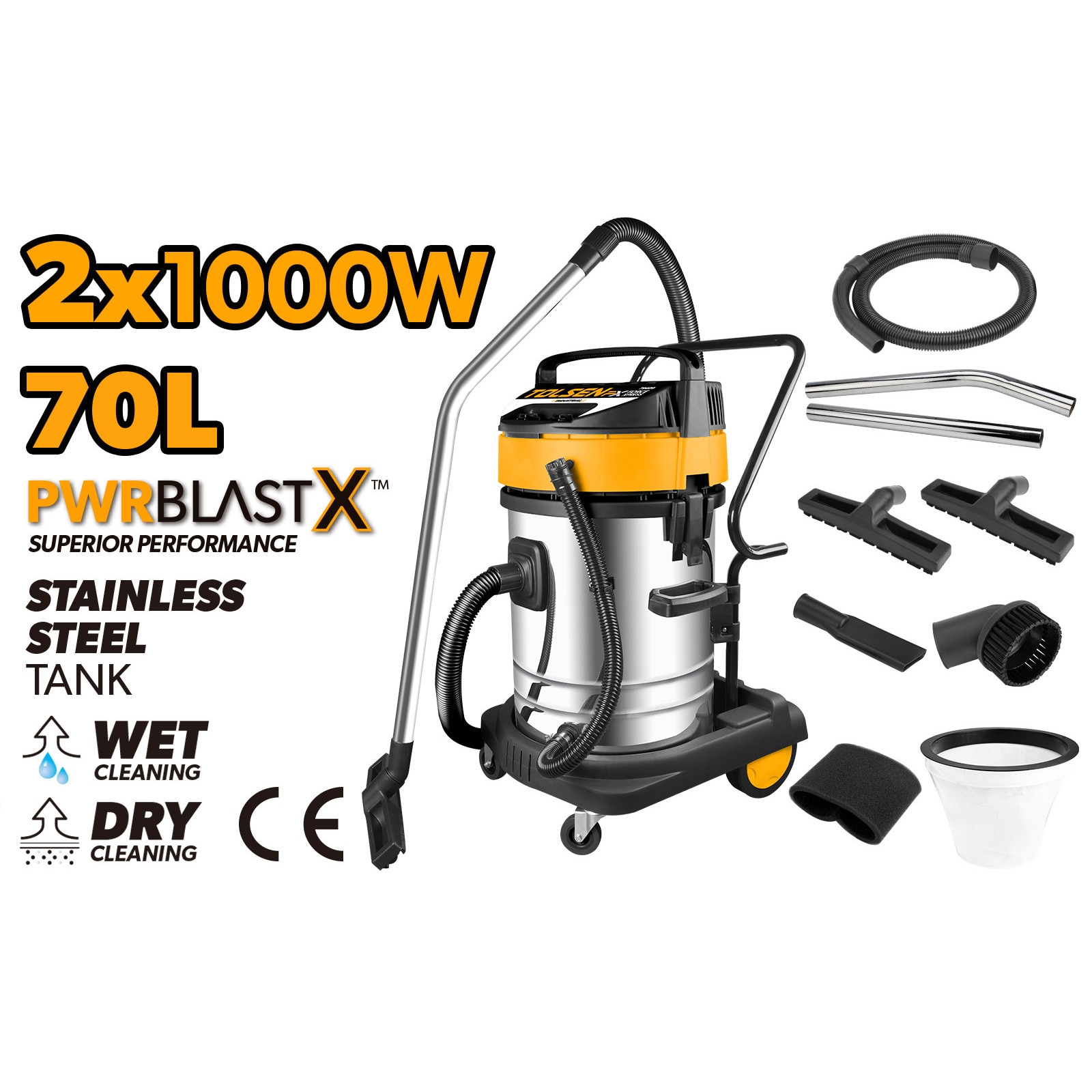 Aspirator industrial TOLSEN FX Force Xpress 2x1000W, 70L, Motor cupru, Otel inoxidabil, Umed si uscat, Presiune 18KPa, Debit 3m³/min, Furtun 2.5m, Tuburi metalice, Perii multiple, Filtru HEPA, CE