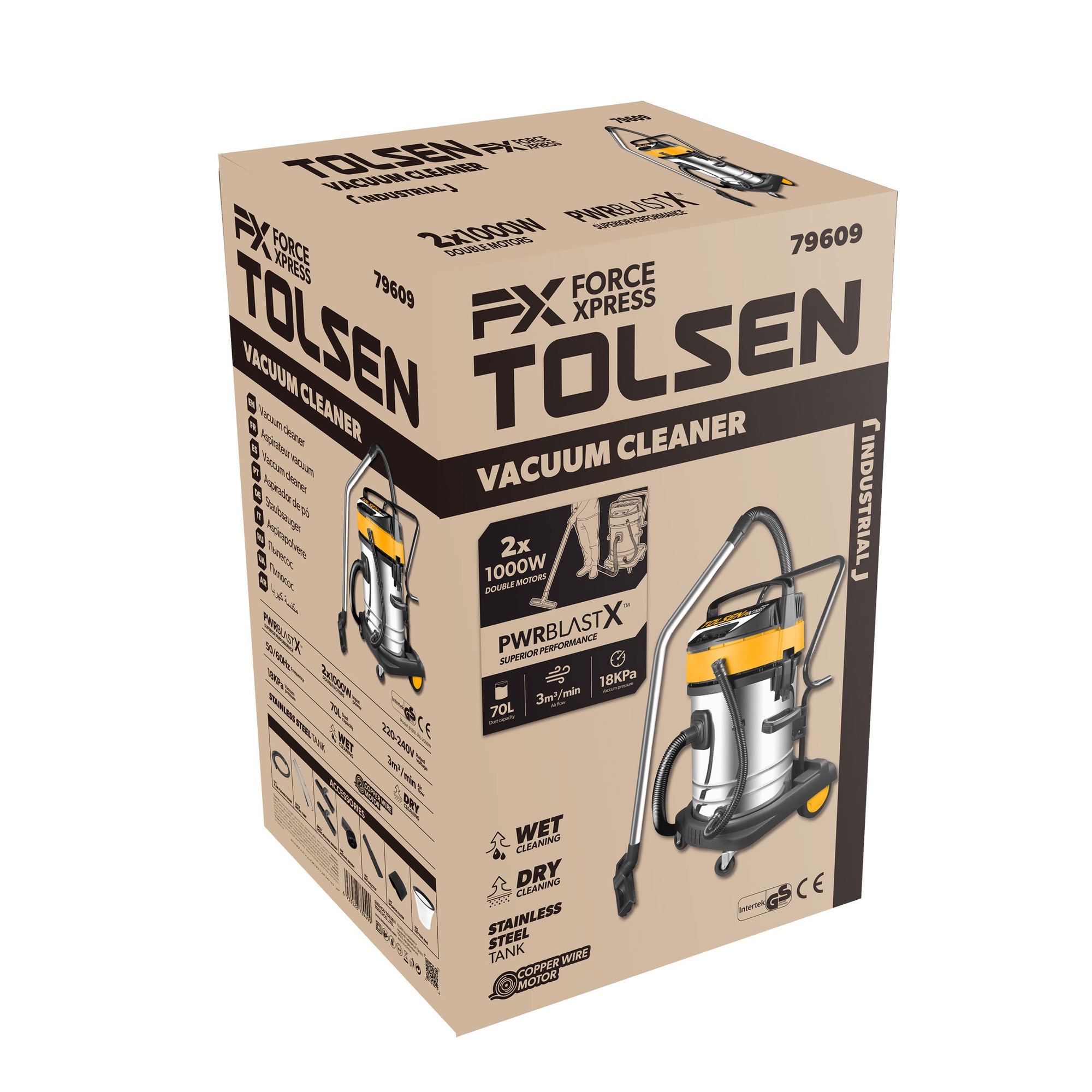 Aspirator industrial TOLSEN FX Force Xpress 2x1000W, 70L, Motor cupru, Otel inoxidabil, Umed si uscat, Presiune 18KPa, Debit 3m³/min, Furtun 2.5m, Tuburi metalice, Perii multiple, Filtru HEPA, CE