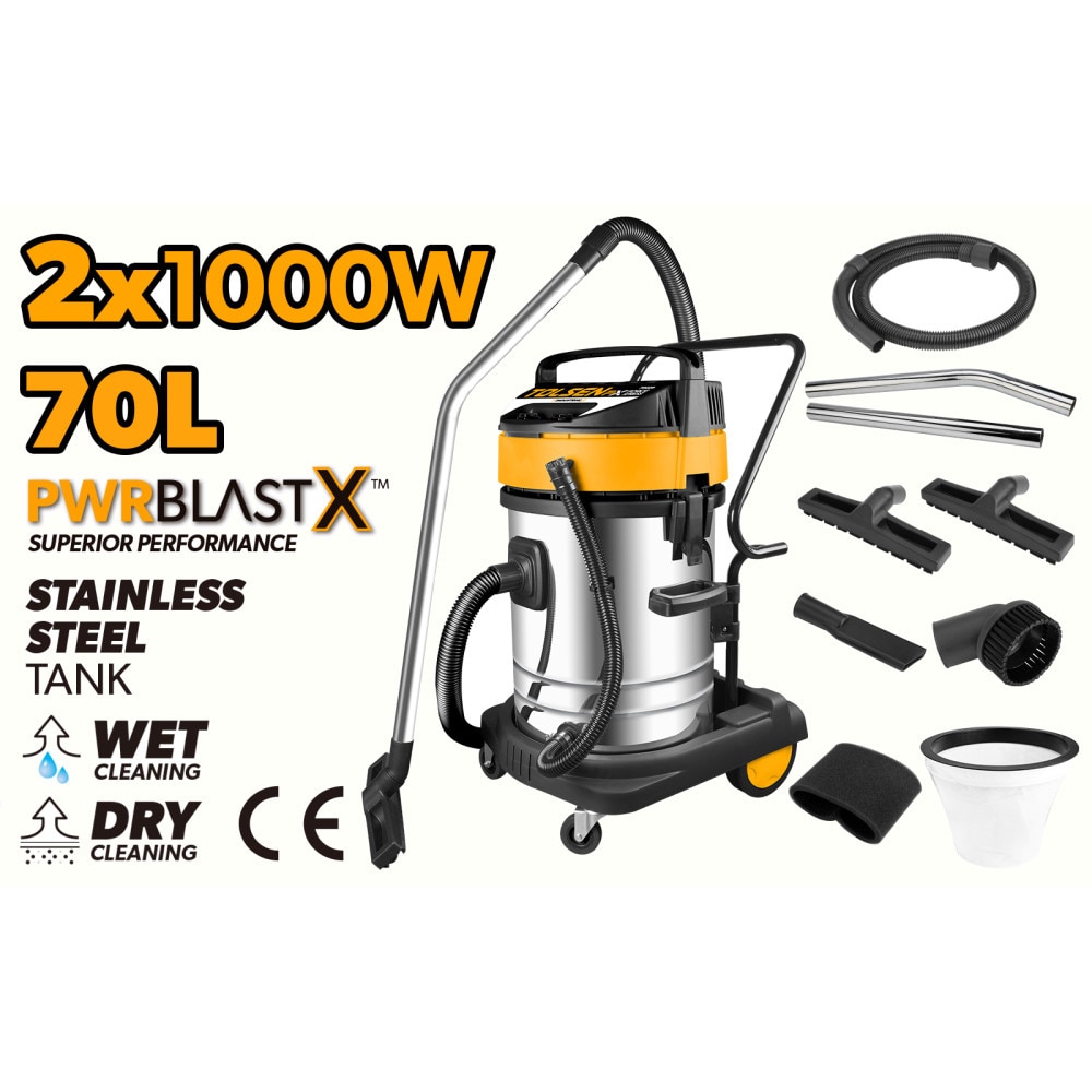 Aspirator industrial TOLSEN FX Force Xpress 2x1000W, 70L, Motor cupru, Otel inoxidabil, Umed si uscat, Presiune 18KPa, Debit 3m³/min, Furtun 2.5m, Tuburi metalice, Perii multiple, Filtru HEPA, CE