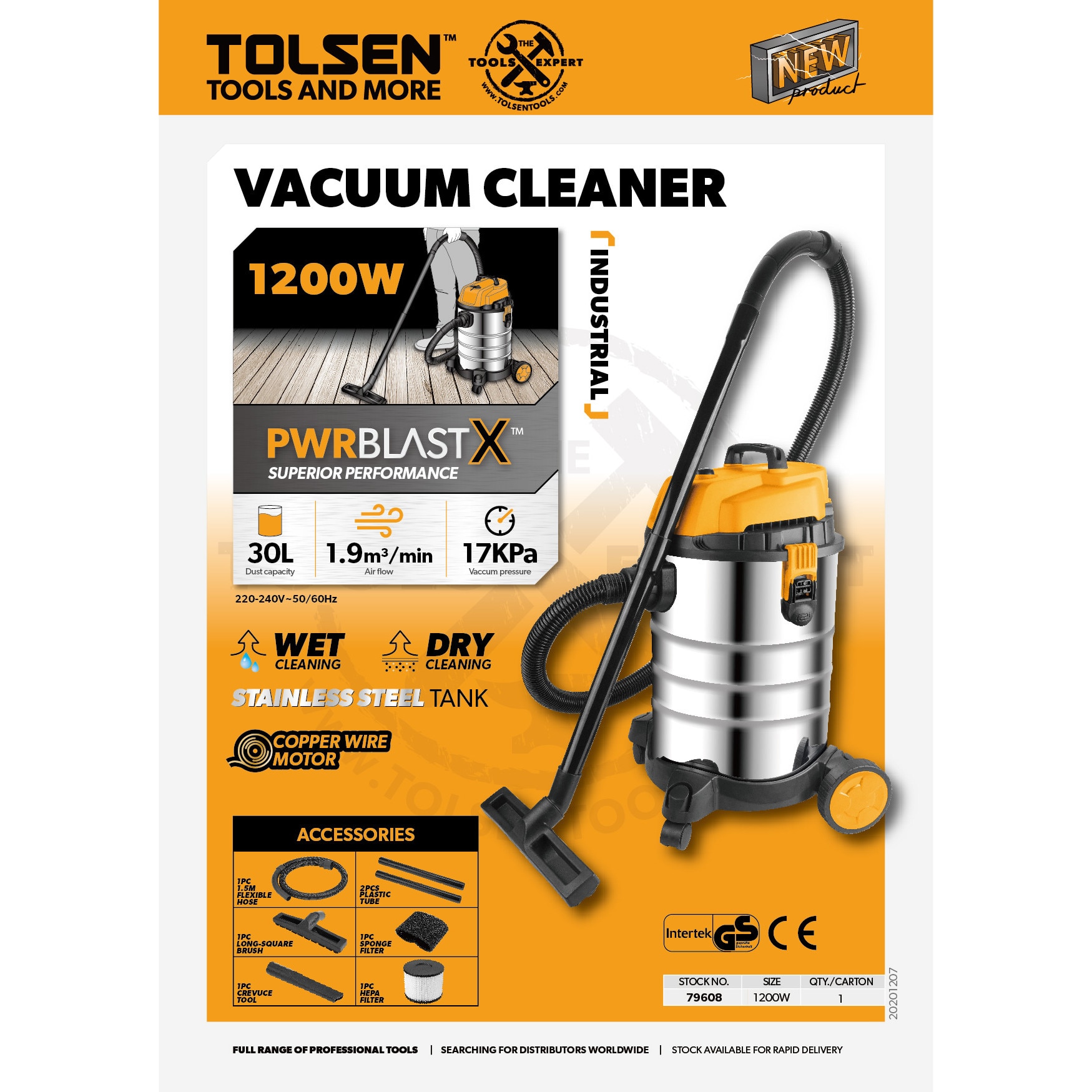 Aspirator industrial TOLSEN 1200W, 30L, FX Force Xpress, Umed si uscat, Motor cupru, Rezervor inox, Debit 1.9 m³/min, Presiune 17KPa, Filtru HEPA, Accesorii incluse, Furtun 1.5m, Cablu 2.3m, CE