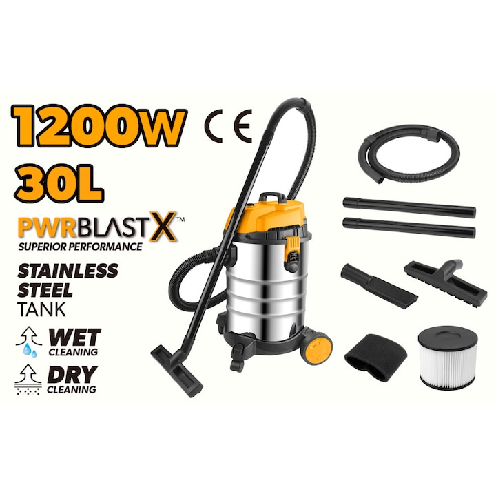 Aspirator industrial TOLSEN 1200W, 30L, FX Force Xpress, Umed si uscat, Motor cupru, Rezervor inox, Debit 1.9 m³/min, Presiune 17KPa, Filtru HEPA, Accesorii incluse, Furtun 1.5m, Cablu 2.3m, CE