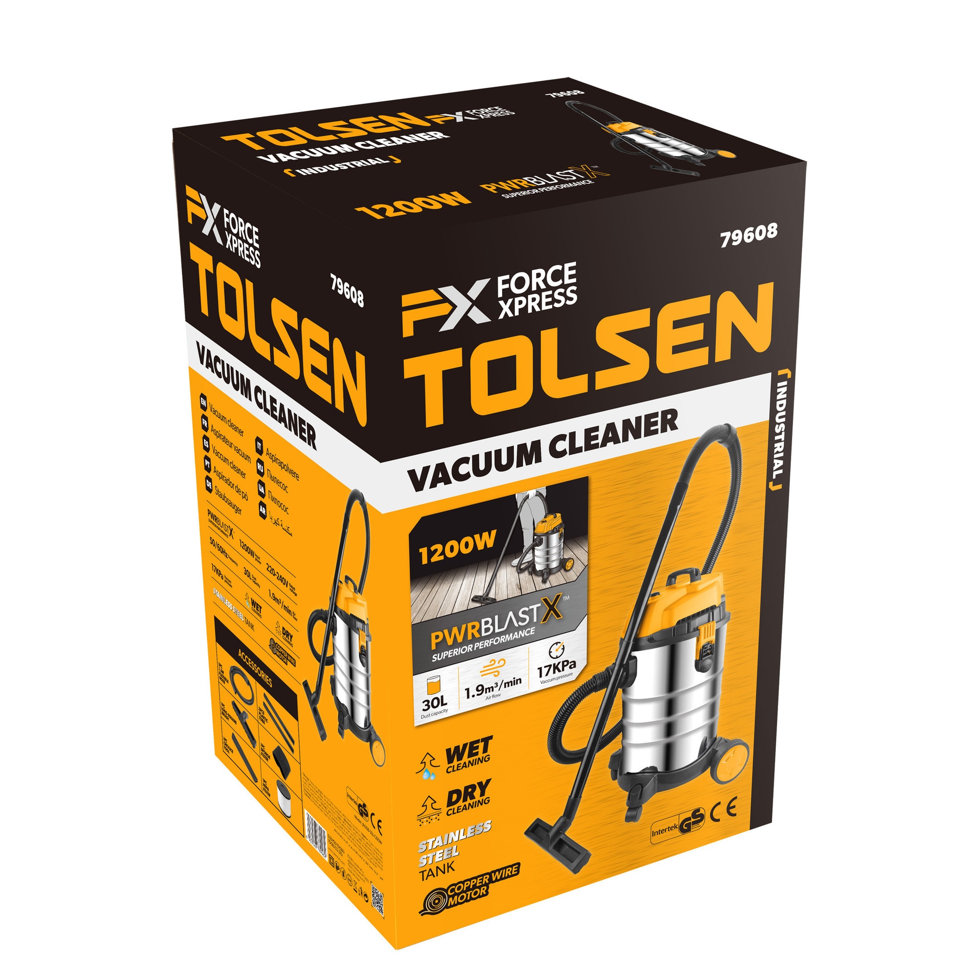Aspirator industrial TOLSEN 1200W, 30L, FX Force Xpress, Umed si uscat, Motor cupru, Rezervor inox, Debit 1.9 m³/min, Presiune 17KPa, Filtru HEPA, Accesorii incluse, Furtun 1.5m, Cablu 2.3m, CE