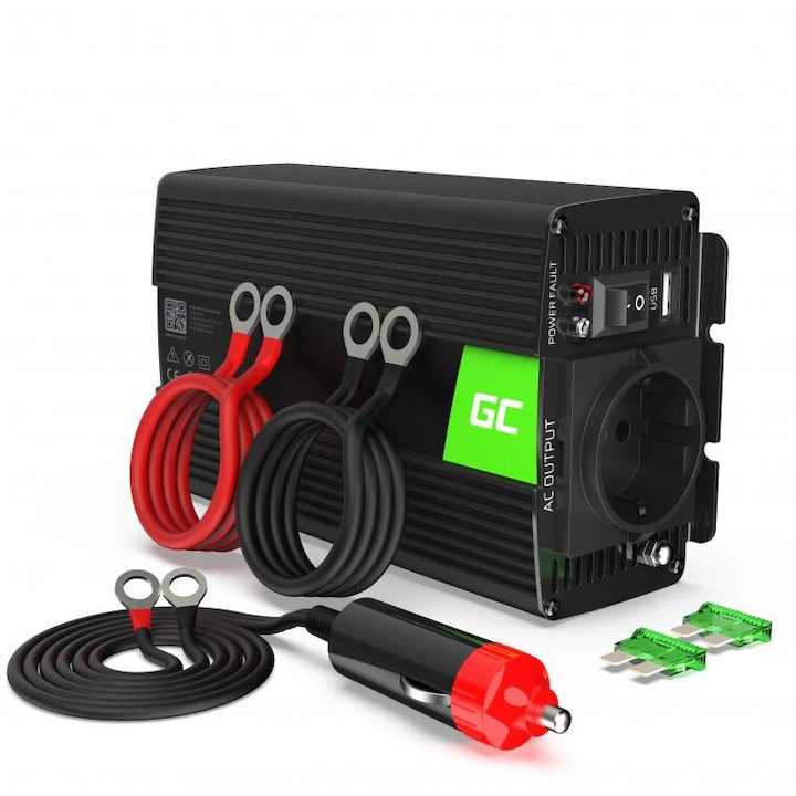 Invertor de tensiune 300W/600W, Green Cell, 12V la 230V Volt USB DC AC Unda sinusoidala pura, Port USB, Iesire de retea, Ventilator, LED-uri de semnalizare, 1,05kg, Negru/Verde