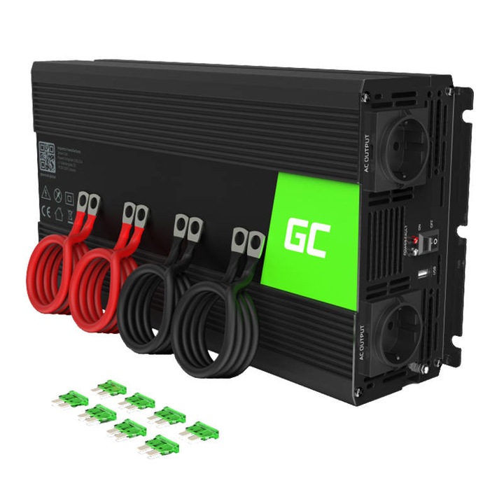 Инвертор на напрежение Green Cell Pure Sine Wave, 2000 W / 4000 W, 12 V до 230 V, USB, DC AC AC