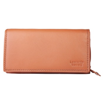 Portofel dama, Leonardo Verrelli, protectie RFID, piele, bej maro, capse si fermoar Portofel dama, Leonardo Verrelli, protectie RFID, piele, bej maro, capse si fermoar