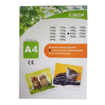 Set 20 Hartii Foto Glossy A4 i-Aicon, 200 g/m2 Set 20 Hartii Foto Glossy A4 i-Aicon, 200 g/m2