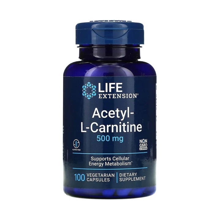 Supliment Alimentar, Acetil-L-Carnitina, 500 mg, Capsule Vegetale, 100 Capsule, Fara Omg, Sustine Memoria Si Metabolismul Energiei Celulare
