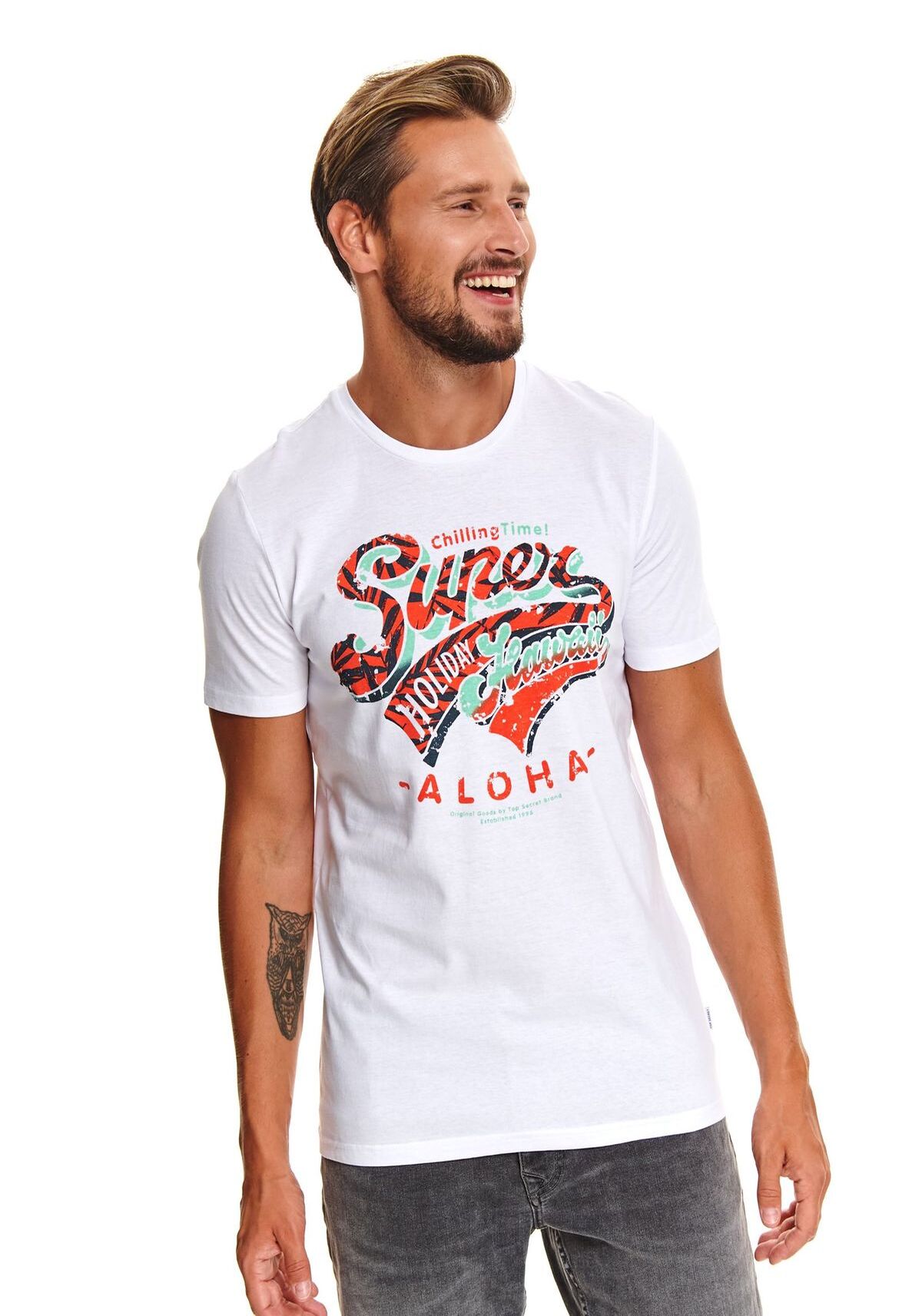Tricou cu maneci scurte pentru barbati, TOP SECRET, SPO4683, Alb