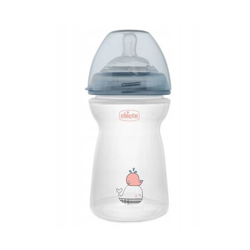 Biberon din polipropilena cu tetina din silicon 330 ml Chicco Black & White 137817R, Transparent 6 luni+