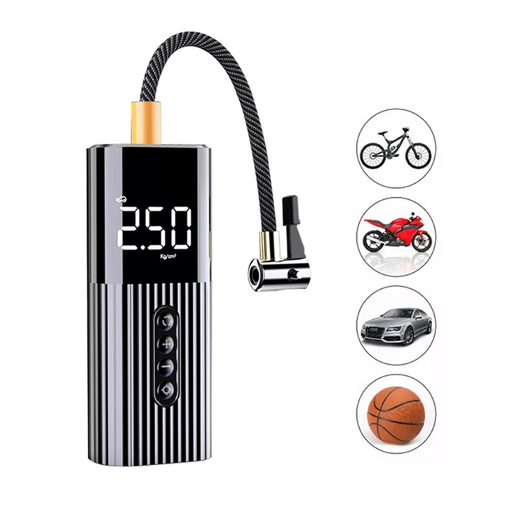 Mini compresor auto digital cu fir, 60W, 12V LED, Negru