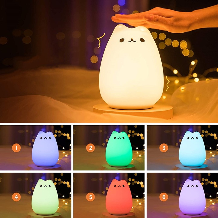 Лампа LED Cat, 7 цвята, Touch, Силикон, Бял