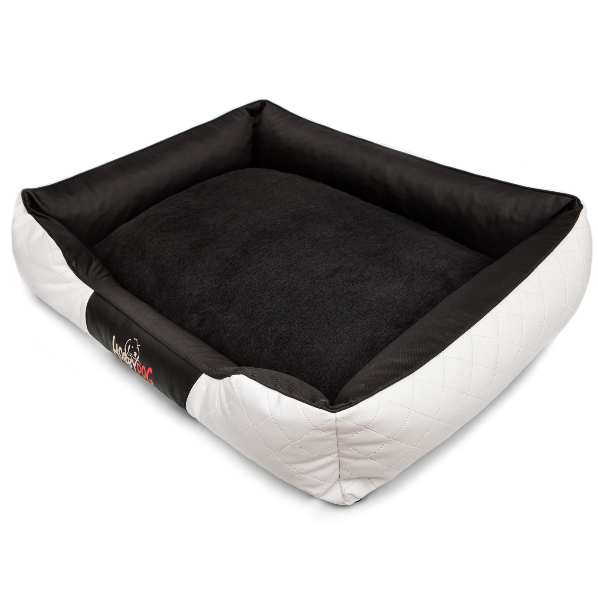 Culcus pentru animale de companie, HobbyDog Imperial Exclusive, Alb piele ecologica, Negru blana, Marimea 4 - 114x84x25 cm