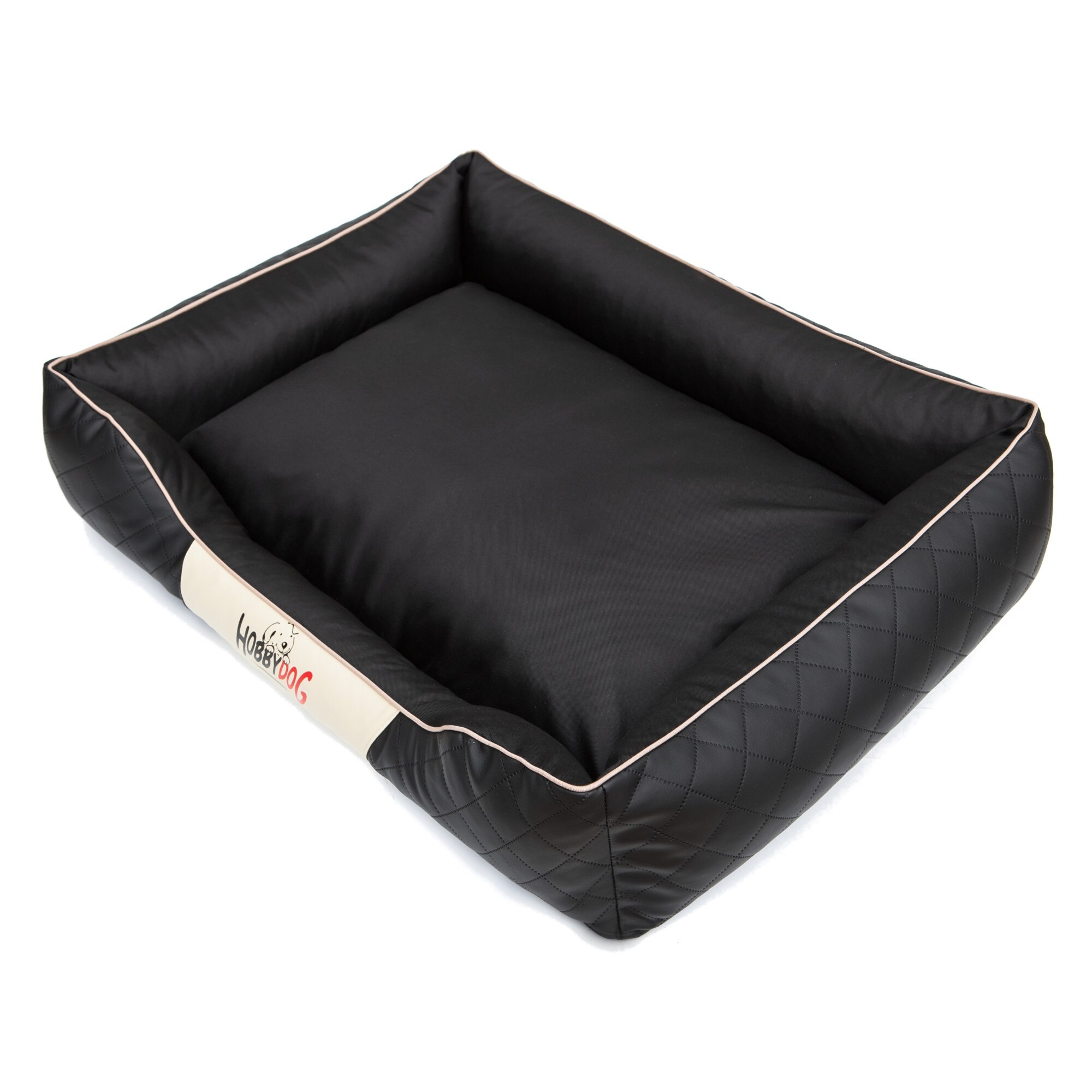 Culcus pentru animale de companie, HobbyDog Imperial Exclusive, Negru piele ecologica, Bej blana, Marimea 1 - 65x52x20cm