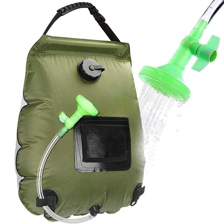 Dus solar, Zola®, pentru camping - 20L, cap de dus, verde, sacut depozitare