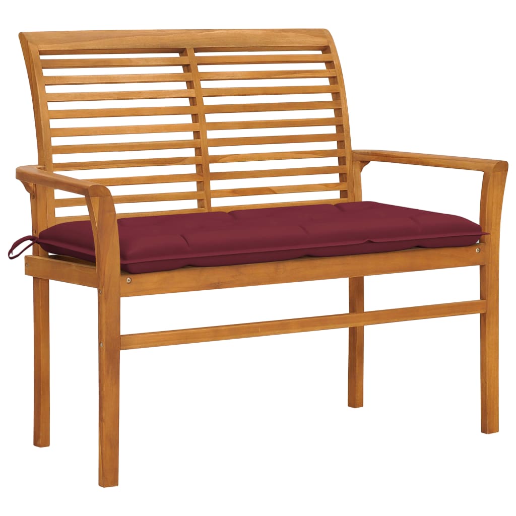Banca de gradina, cu perna grena, vidaXL, Lemn de tec, 112 x 55 x 94 cm, Maro
