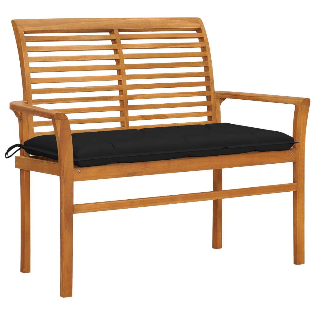 Banca de gradina, cu perna negru, vidaXL, Lemn de tec, 112 x 55 x 94 cm, Maro
