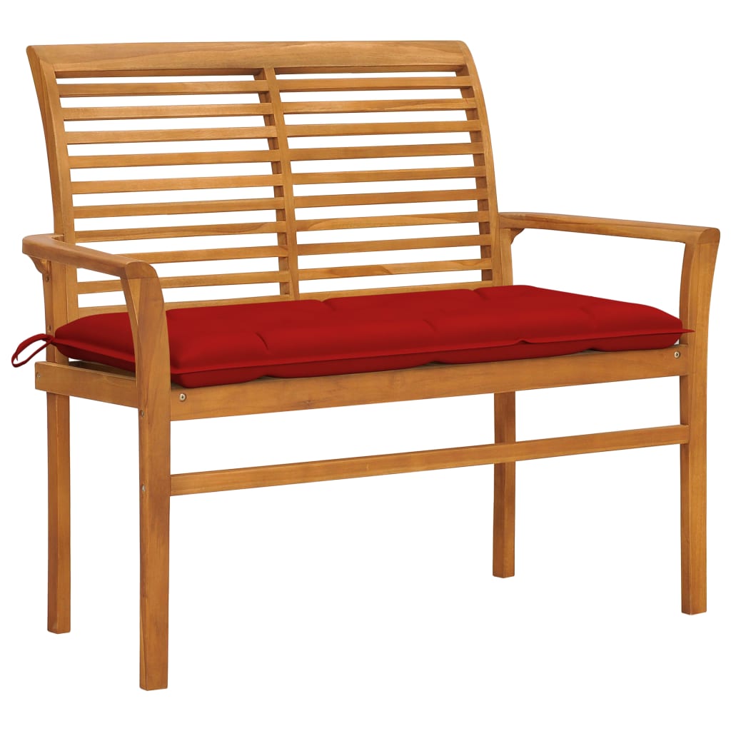 Banca de gradina, cu perna rosu, vidaXL, Lemn de tec, 112 x 55 x 94 cm, Maro
