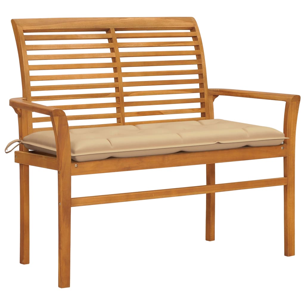 Banca de gradina, cu perna bej, vidaXL, Lemn de tec, 112 x 55 x 94cm, Maro
