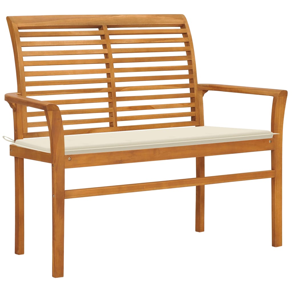 Banca de gradina, cu perna crem 4 cm, vidaXL, Lemn de tec, 112 x 55 x 94cm, Maro