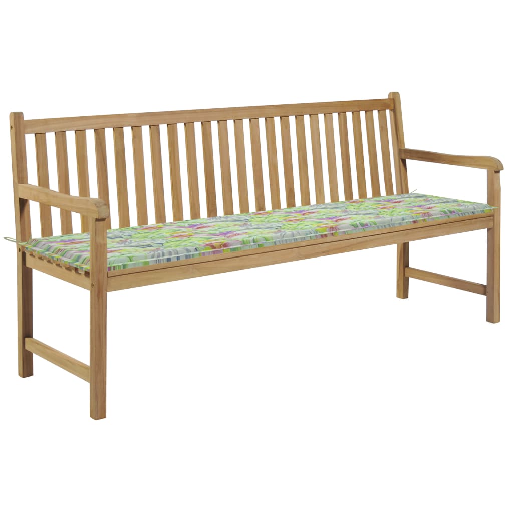 Banca de gradina, cu perna model floral, vidaXL, Lemn de tec, 175 x 60 x 90 cm, Maro