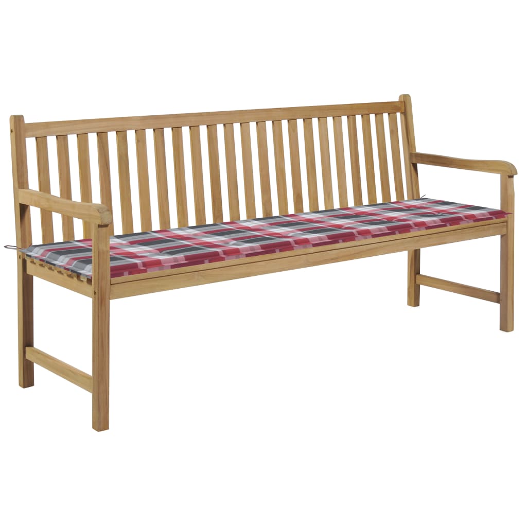 Banca de gradina, cu perna carouri, vidaXL, Lemn de tec, 175 x 60 x 90 cm, Maro