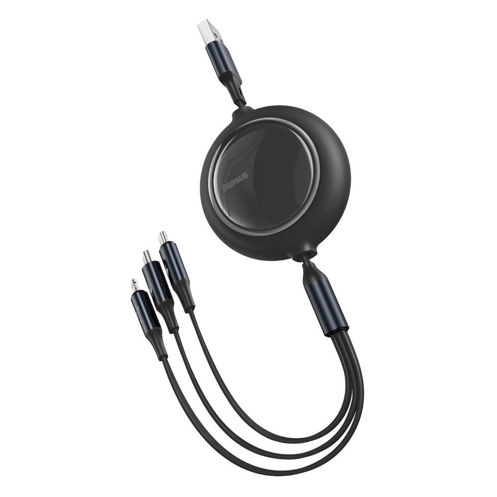 Cablu de date/incarcare Baseus, Bright Mirror Flat Retractable, MicroUSB/Lightning/USB-C 1.2M, 3.5 A, Negru