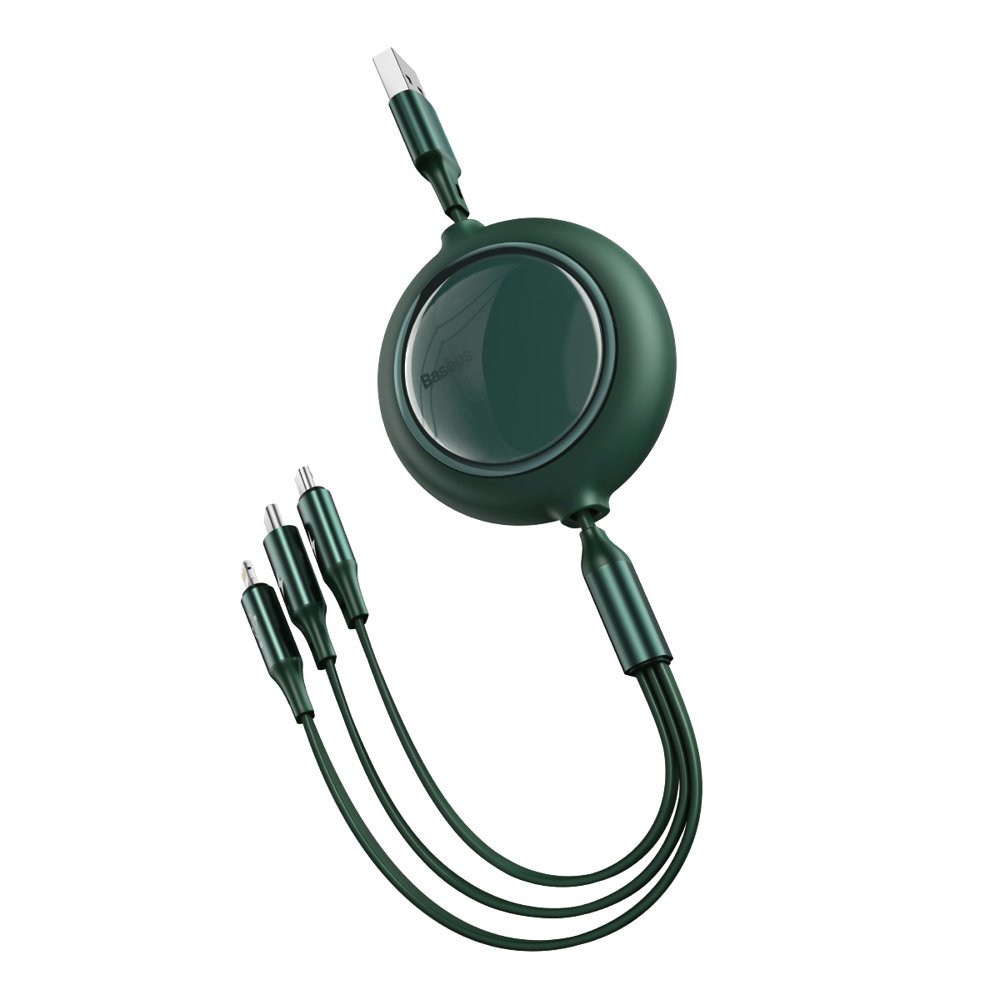 Cablu de date/incarcare Baseus, Bright Mirror Flat Retractable, MicroUSB/Lightning/USB-C 1.2M, 3.5 A, Verde