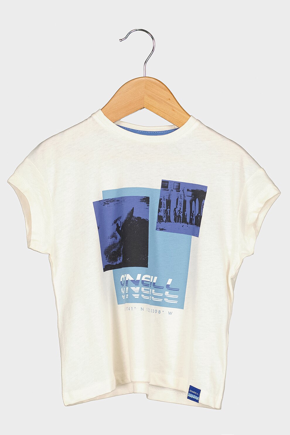 O'Neill, Tricou de bumbac organic cu imprimeu foto, Alb prafuit/albastru inchis/negru