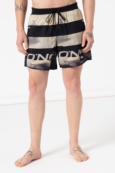 O'Neill, Pantaloni scurti de baie cu snur in talie si model in dungi Radious, Negru/Maro nisip, M O'Neill, Pantaloni scurti de baie cu snur in talie si model in dungi Radious, Negru/Maro nisip, M