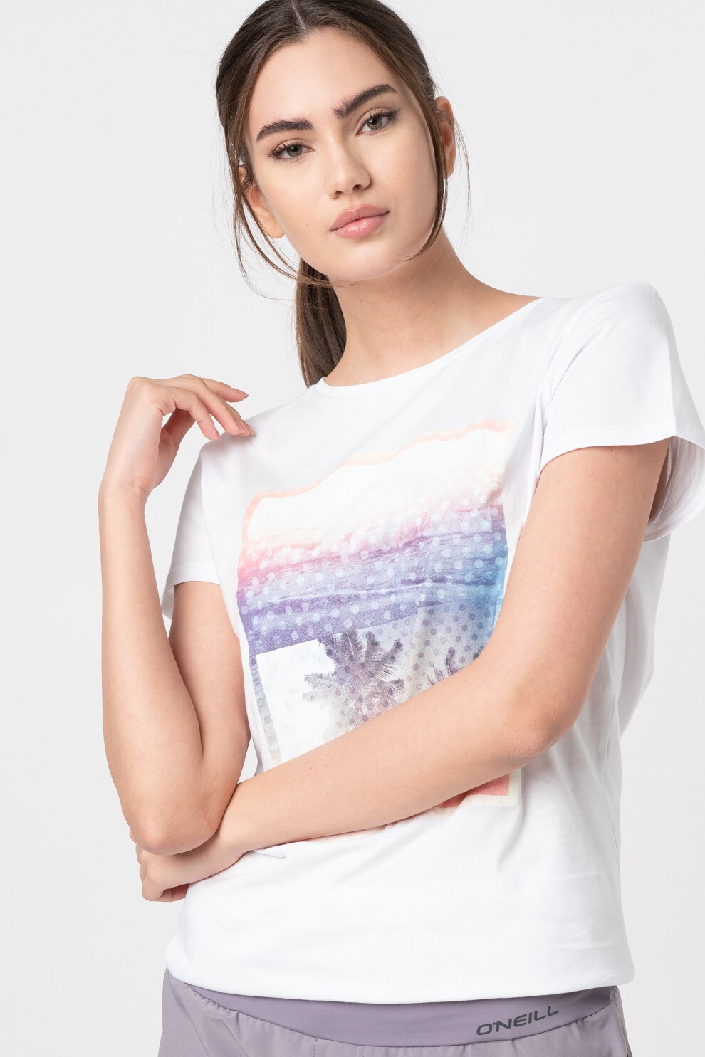 O'Neill, Tricou cu imprimeu grafic Palm, Alb/Albastru pastel/Roz pastel