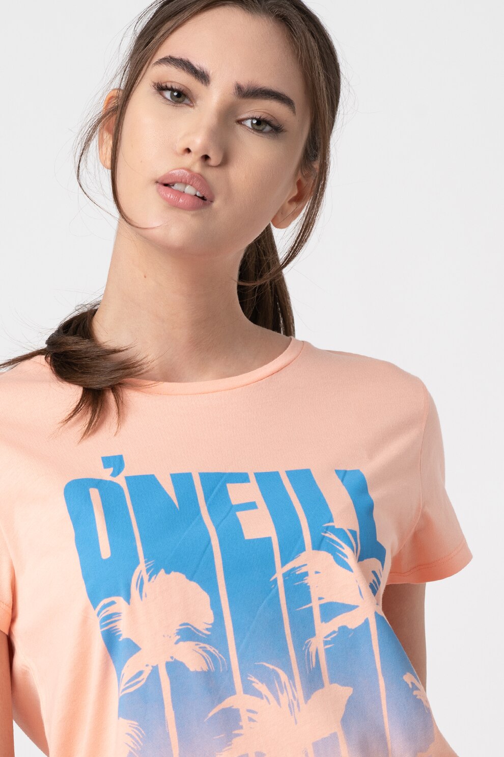 O'Neill, Tricou cu decolteu rotund si imprimeu logo, Roz somon/Bleu