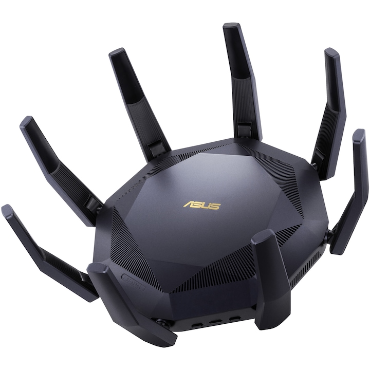 Router Gaming Wireless ASUS RT-AX89X, AX6000, 8x8 Dual-Band, Quad-Core 2.2GHz CPU, 256MB/1GB Flash/RAM, 10G port, SFP+ port, AiProtection Pro, Adaptive QoS, VPN server/client, IPTV, OFDMA, MU-MIMO, Beamforming, Link Aggregation, Port forwarding, AiMesh