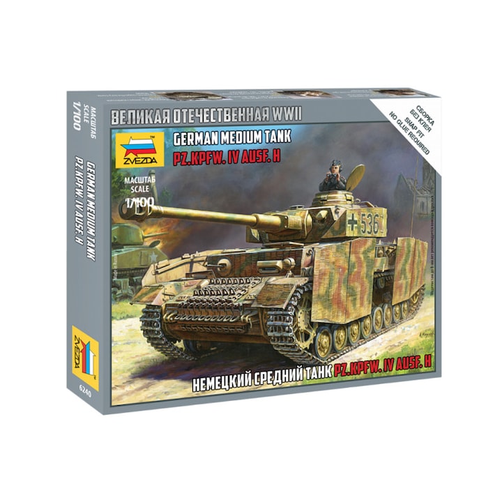 Macheta Militara usor de asamblat fara adeziv Zvezda Pz.Kpfw.IV Ausf.H German Medium Tank 1:100 ZVEZ 6240